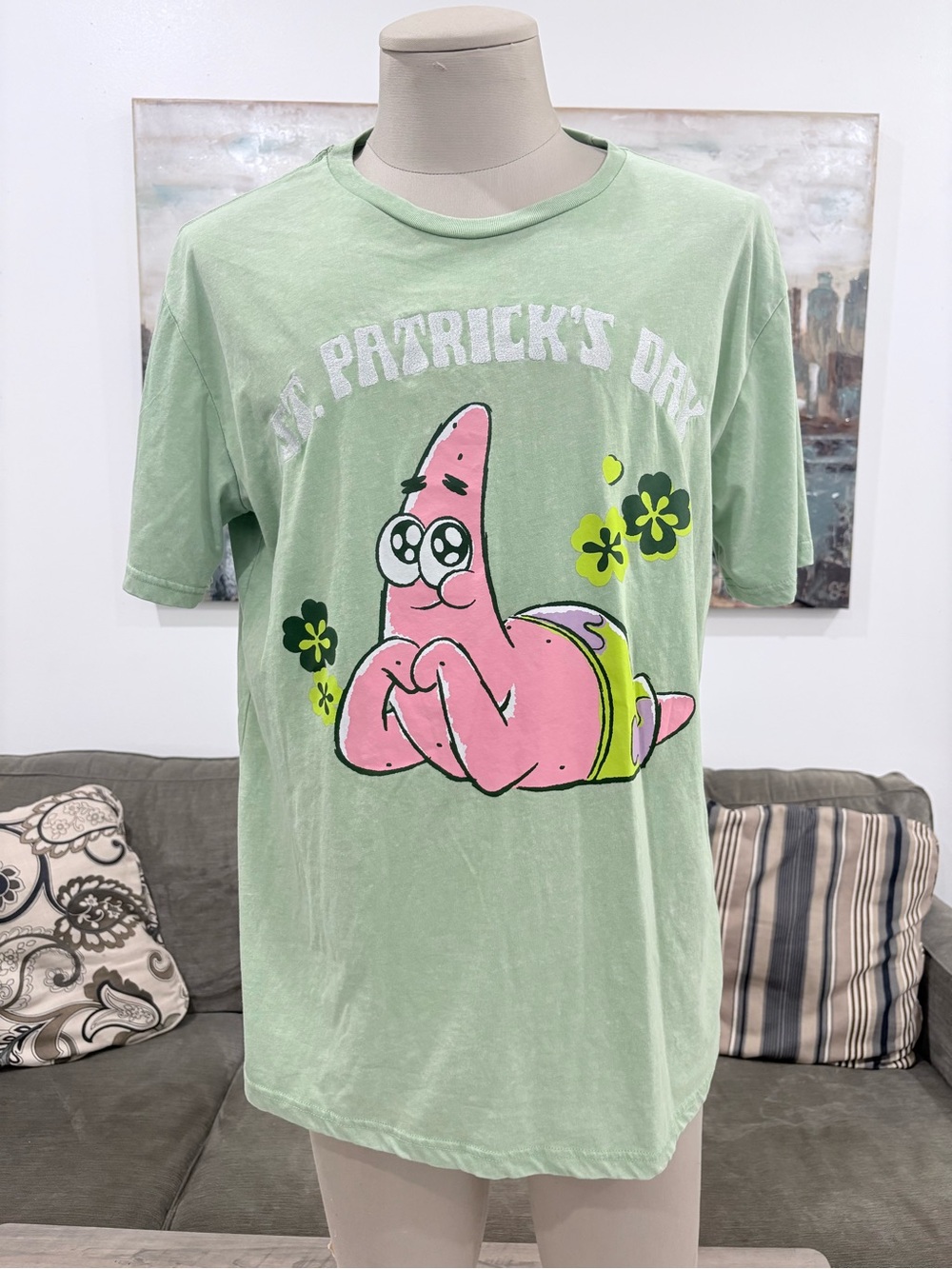 SpongeBob Squarepants Light Green Tee with Pink Patrick Graphic and Embroidery